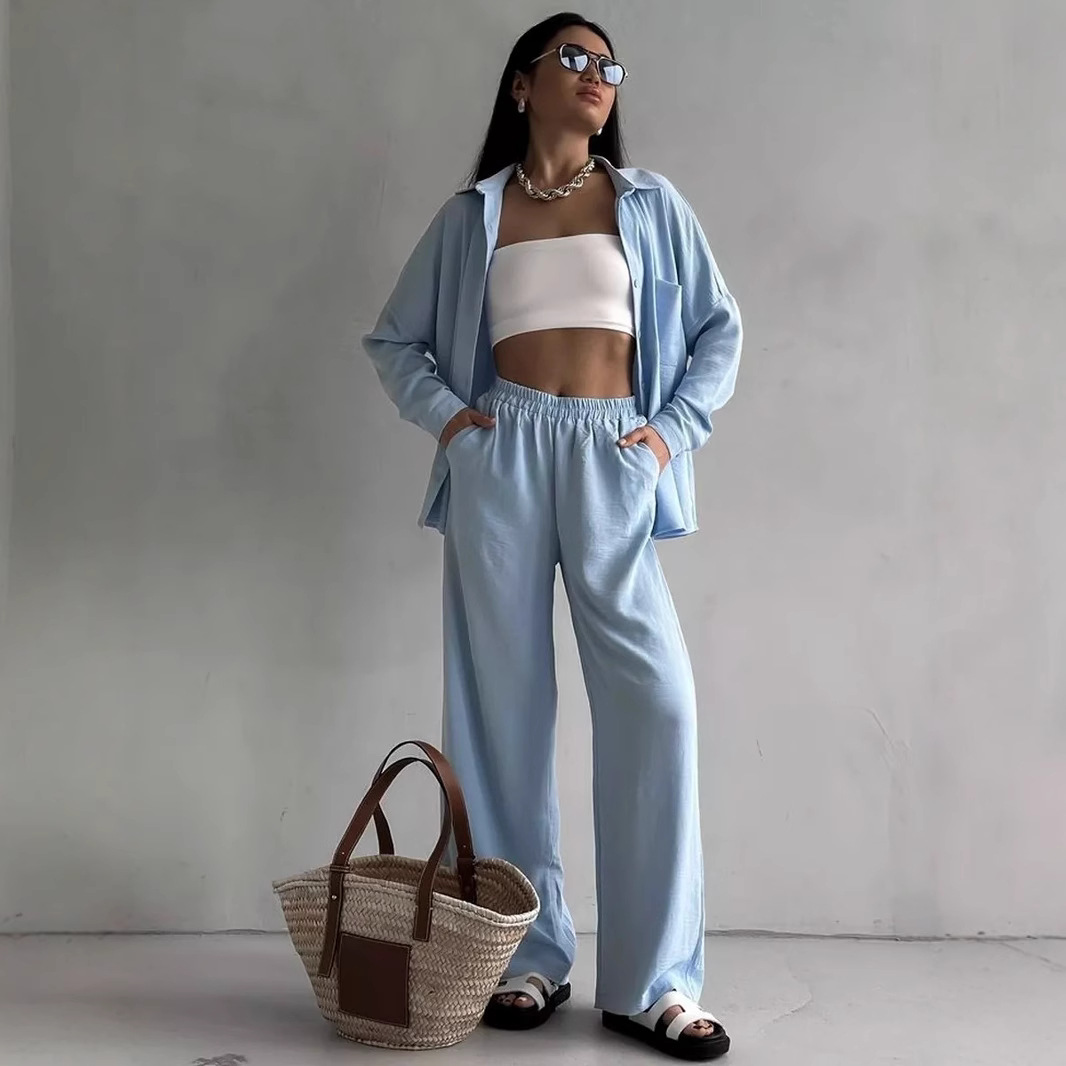 2026 Cross-Border European And American Women's Solid Color Cardigan Pocket Casual Wide-Leg Pants Set_ecoleips.com