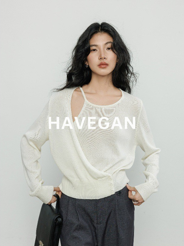 与间HAVEGAN/天丝亚麻针织衫女秋季2025新款解构设计长袖宽松上衣|undefined
