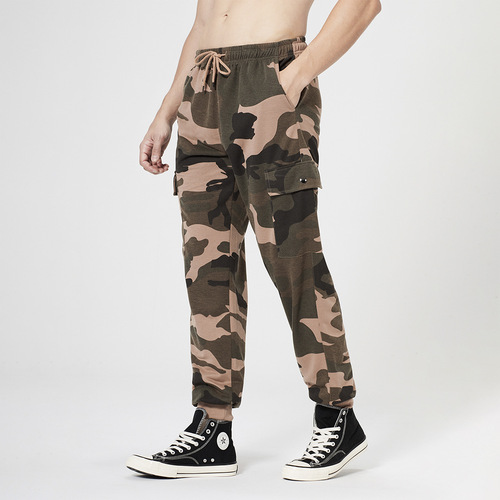 Spring and Autumn Loose Fit Multi-Pocket Camouflage Sports Casual Pants for Men with Drawstring Mid-Waist Belted Ankle Pants Workwear