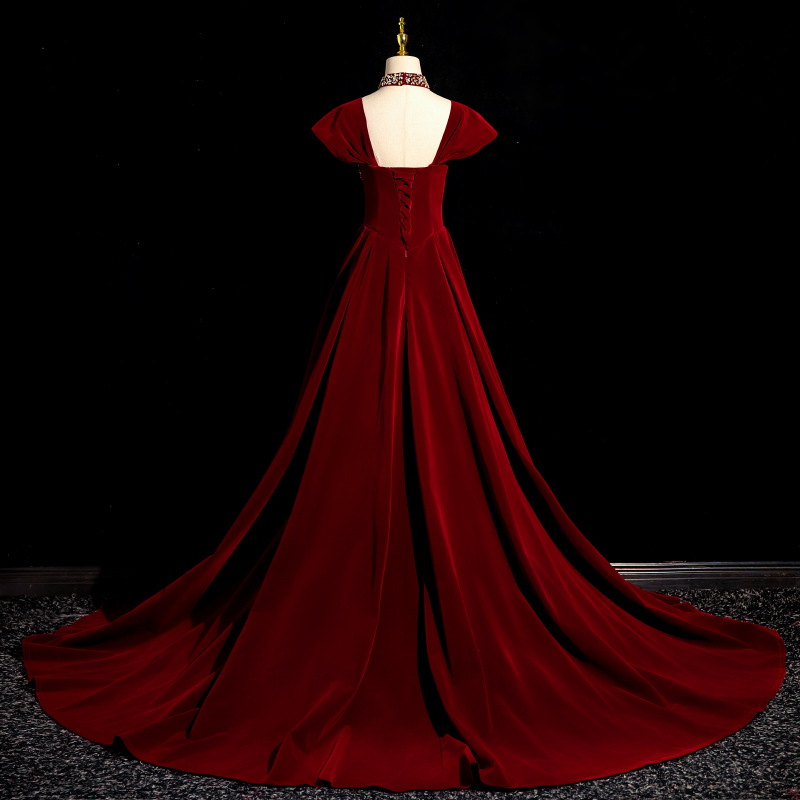 Vestido de noche de vino rojo para mujeres 2025 otoño nuevo anfitrión de voz de atmósfera brindis vestido de novia francés