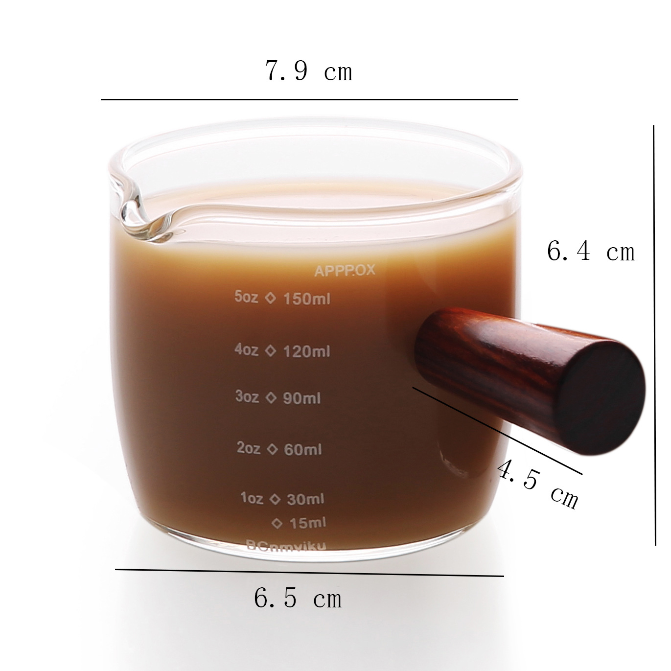 木柄刻度单嘴150毫升尺寸