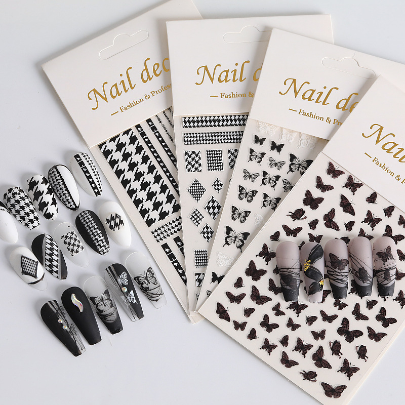 Black and White Lace Bow Nail Stickers Hollow Houndstooth Stripes Rose Flower Nail Stickers Dh Style Full Stickers