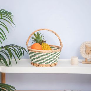 Customized Cross-Border Hot-Selling Green Rice Double-Color Paper Rope Live Handle Storage Basket Nordic Style Wicker Handmade Hand Basket
