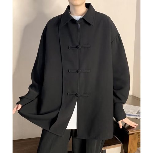 Elevated, Street-Savvy Chinese-Style Button-Up Shirt for Men: Modern Tang Suit with a Vintage Chinese Twist, Featuring Long Sleeves