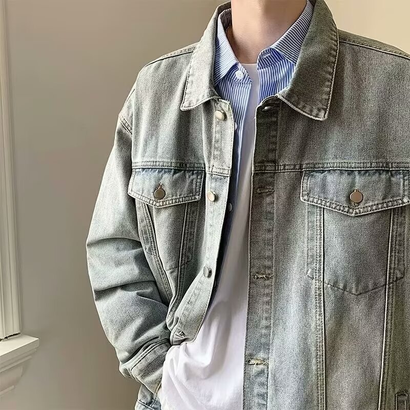 牛仔外套男秋冬高街潮牌新款休闲夹克港风帅气加厚宽松工装上衣服|undefined