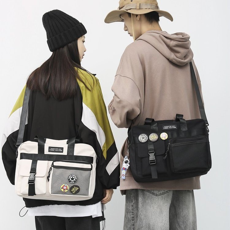 Men's Hong Kong trendy cool messenger bag double-buckle pocket crossbody bag women's Korean style workwear student shoulder bag couple's versatile large bag
