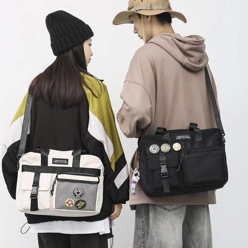 Men's Hong Kong trendy cool messenger bag double-buckle pocket crossbody bag women's Korean style workwear student shoulder bag couple's versatile large bag