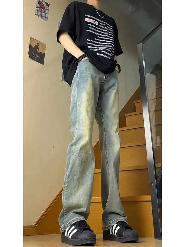 时尚黄泥色牛仔裤男款春秋冬2025新款美式潮牌高街修身直筒微喇裤|undefined