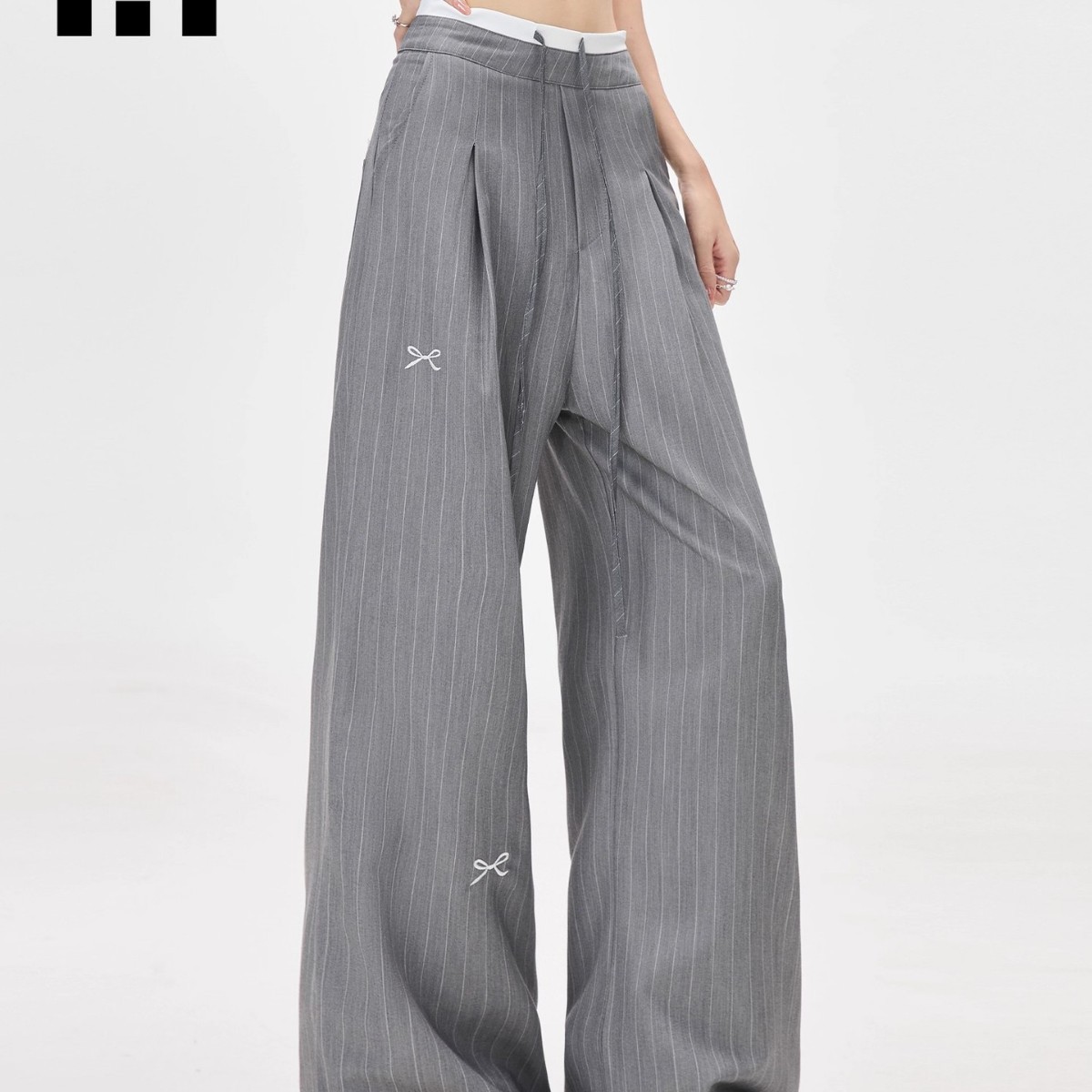 American Gray Stripesd Bow Suit Pants Women's Lace High Waist Loose Wide Leg 2025 Autumn and Winter New Casual Pants