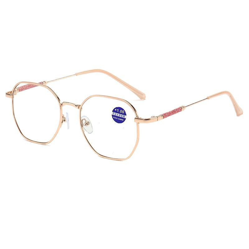 Gafas de destello fino de oro rosa de todo fósforo nuevas, anti-luz azul HD, espejo de estilo occidental para personas mayores, marco de polígono de moda