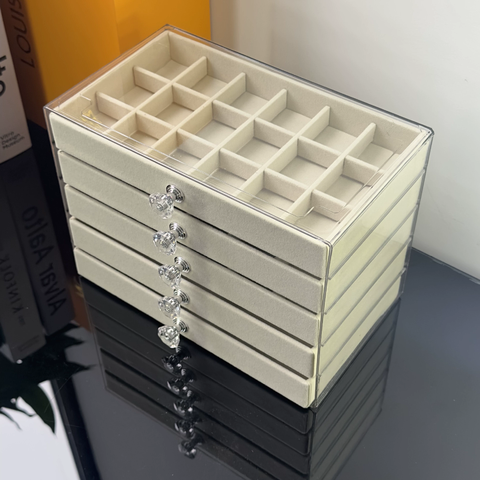 Хранение украшений, прозрачная рама из PET, 5-ъярусная organizer, множество отделений, размеры 21.5×15.4×15.3 см