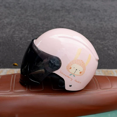 Helmet, Universal Motorcycle Half Helmet for — Motosiklet kaskı (dəbilqə) - 802-pink-strawberry-rabbit-black-long-mirror-3c-certification-one-size