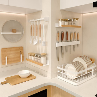 Solid wood kitchen storage rack punch-free wall-mounted knife rack seasoning supplies household multi-functional storage rack
