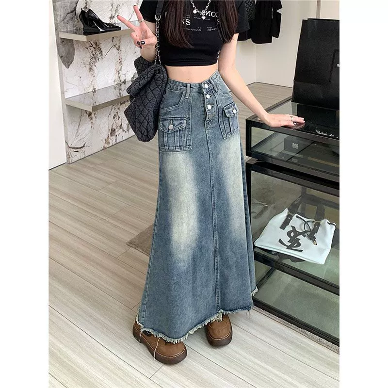 2024 Ретро с высокой талией и выпуклым джинсовой юбкой женский летний свободный средний и длинный гонконгский стиль тонкая юбка с рыбьим хвостом