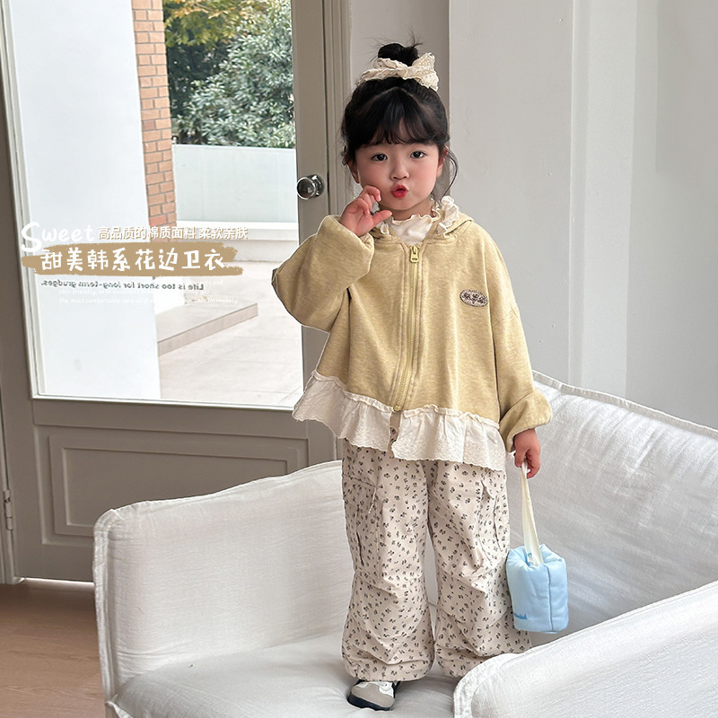 [in stock] 2025 Spring and Autumn South Korea New Children's Wear Girls' Lace Hooded Jacket Children's Lace Zipper Cardigan