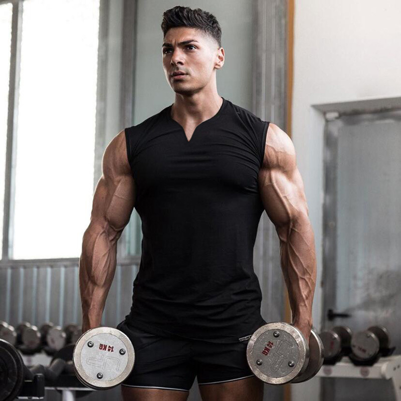 Tablero de luz de comercio exterior color sólido verano pequeño cuello en v chaleco deportivo culturismo de los hombres fitness camiseta sin mangas correr entrenamiento superior algodón