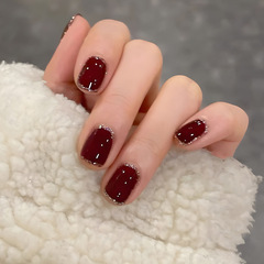 Burgundy jelly glue manicure nails, silver-edged printed short wear nails, wholesale, glitter quick-adhesive nails