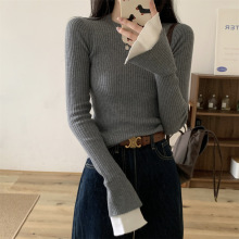 美式2025秋季韩版修身圆领撞色喇叭袖内搭显瘦针织打底衫毛衣女装