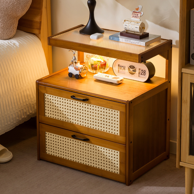 All Solid Wood Retro Bedside Table Simple Modern Storage Rack Small Home Bedroom New Chinese Style Bedside Table with Glass