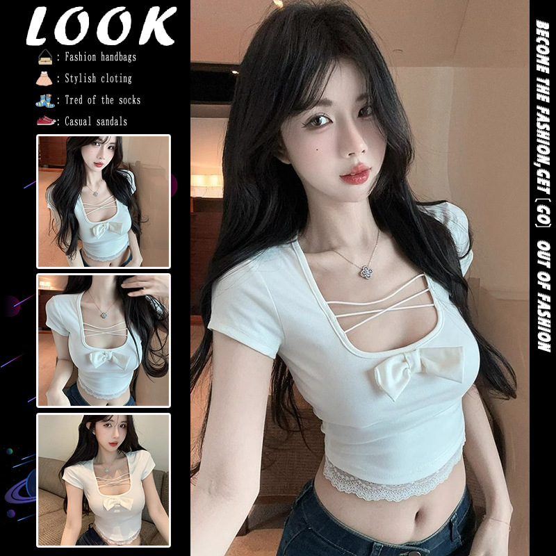 White Pure Lust Style Lace U-Tie Chest Pad Short-Sleeved T-Shirt Women's Summer Waist Slimming Look Slim Off-Shoulder Top