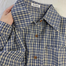 复古蓝色格子衬衫上衣女2025春秋新款设计感小众宽松休闲长袖衬衣