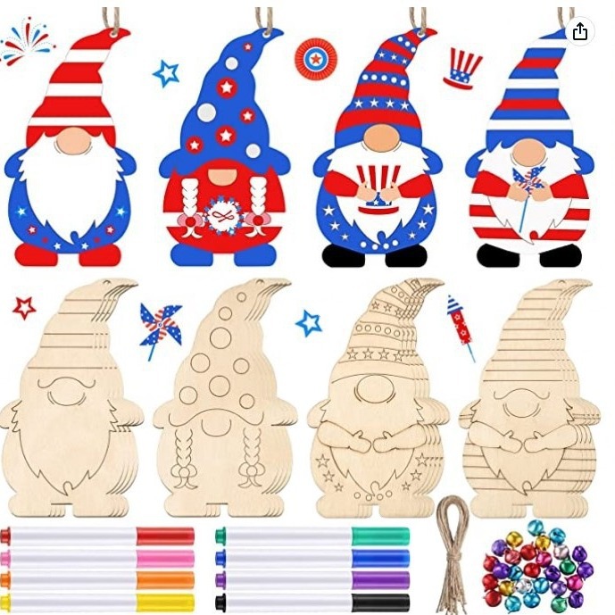 4 estilos enano decorativo artesanías de madera partido enano astillas de madera al por mayor con campana y acuarela pluma/cuerda de cáñamo