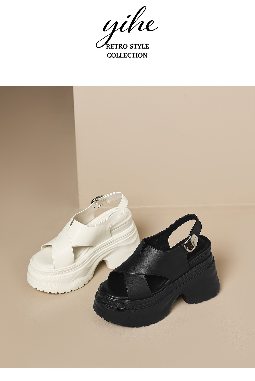 Sandal nữ da bò cao gót 12cm đế xuồng tăng chiều cao mùa hè — màu đen, màu trắng ngà chi tiết 14