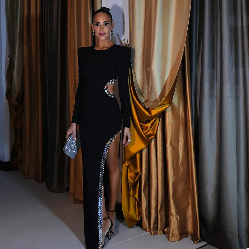 382g Weight Maxi Long Dress Dress Length Type Long Sleeve Sleeve Length Wholesale Women's Elegant Slit Hollow Out Solid Color Banquet Round Neck Long Sleeve Party Dress