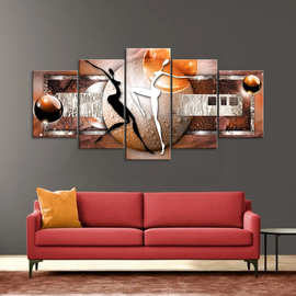 外贸五联无框出口装饰画 抽象舞者微喷组合画 高清微喷帆布画厂家