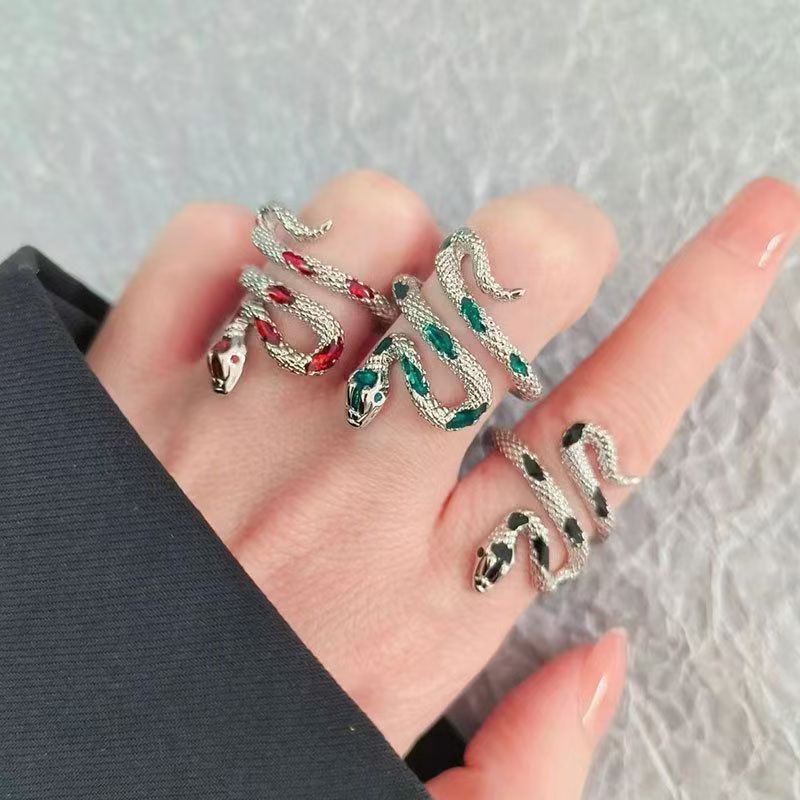 Dark gothic style titanium steel spiritual snake wrapped around unisex opening adjustable index finger ring for men and women with snake elements