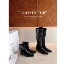 葡萄妈同款 5cm内增高极简小方头后拉链瘦瘦短靴女秋冬真皮中筒靴