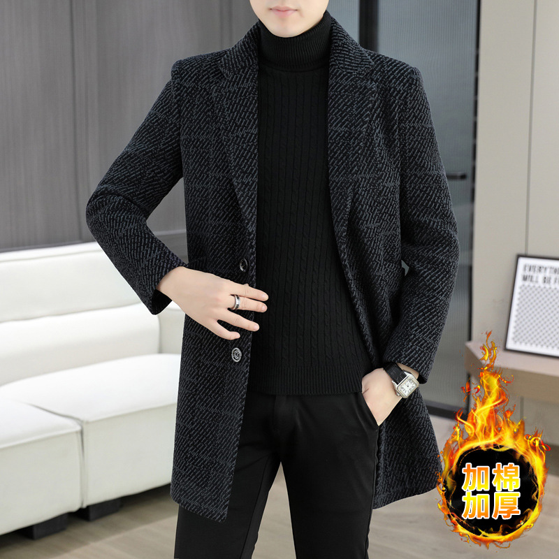 Winter Men's Woolen Coat with Suit Collar, Mid-Length Trench Coat, Woolen Outerwear
