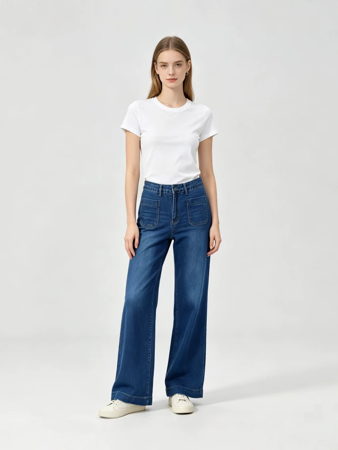 Jeans de Mujer de Pierna Ancha de Mezclilla de Algodón, Cintura Alta, Alta Elasticidad, para Uso Casual
