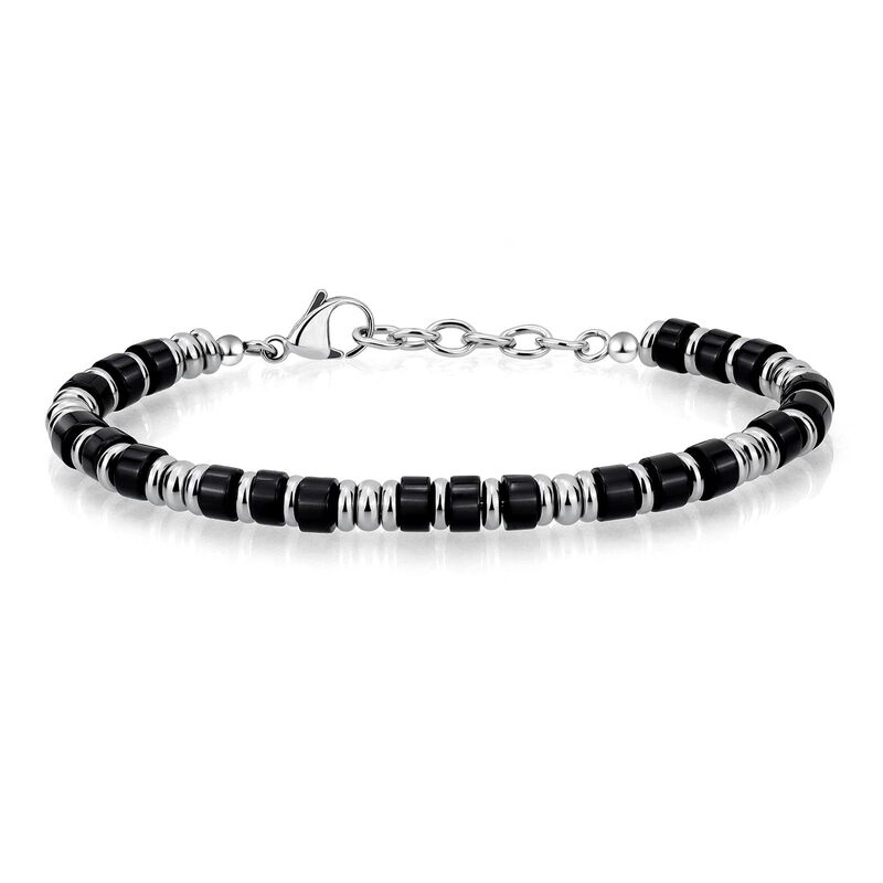 Women's Obsidian Bracelet with Black Obsidian Flat Beads, Silver Spacer Chain, Gift Bracelet, Obsidian Wheel Bead Bracelet