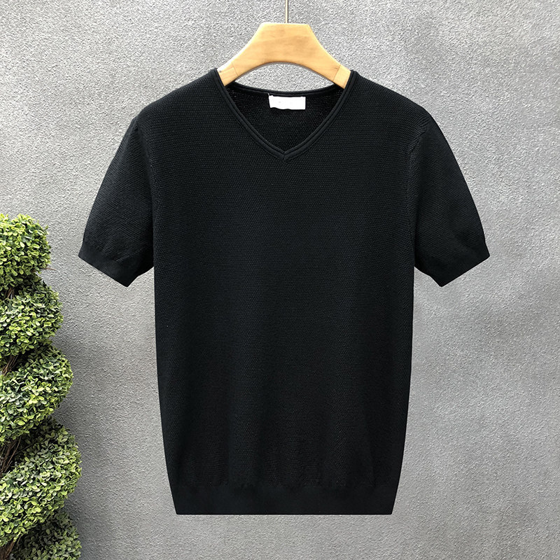 Camiseta de punto de manga corta camiseta de hombre elástica apretada cuello V de pollo cuello de corazón de hielo verano fábrica transfronteriza al por mayor sensación de hielo frío