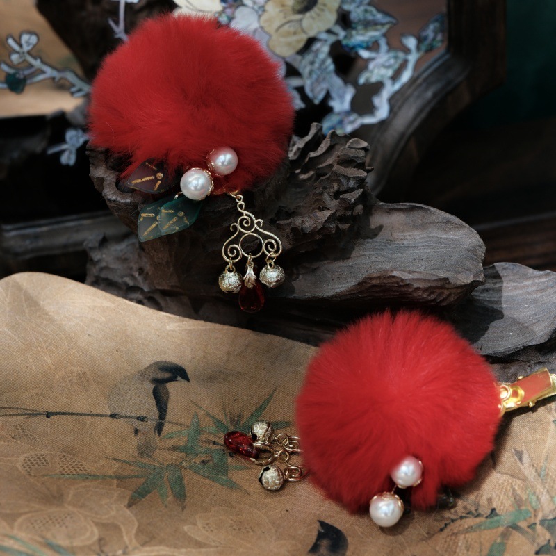 New Year's Headdress Kidsren's Fur Ball Hairpin Ancient Style Red Hair Accessories Han Dynasty Flower Bell Hairpin Female Chinese Style Festive