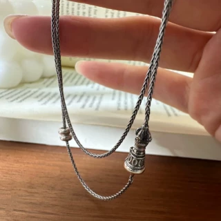 s925银金刚杵弹簧万能扣天珠项链复古个性百搭毛衣链定位珠肖邦链