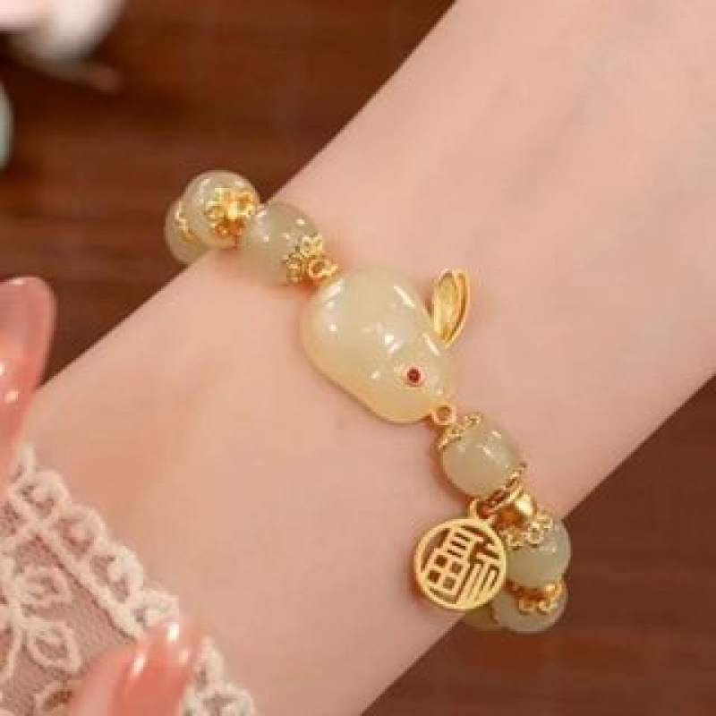 S010-Pulsera Conejo de Jade con Cuentas Blancas#tamaño 119