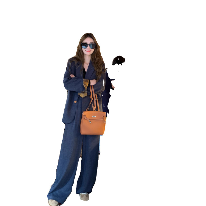 2025牛仔蓝小西装外套女圣马丁画报慵懒调性撞色翻边袖西服上衣女|undefined
