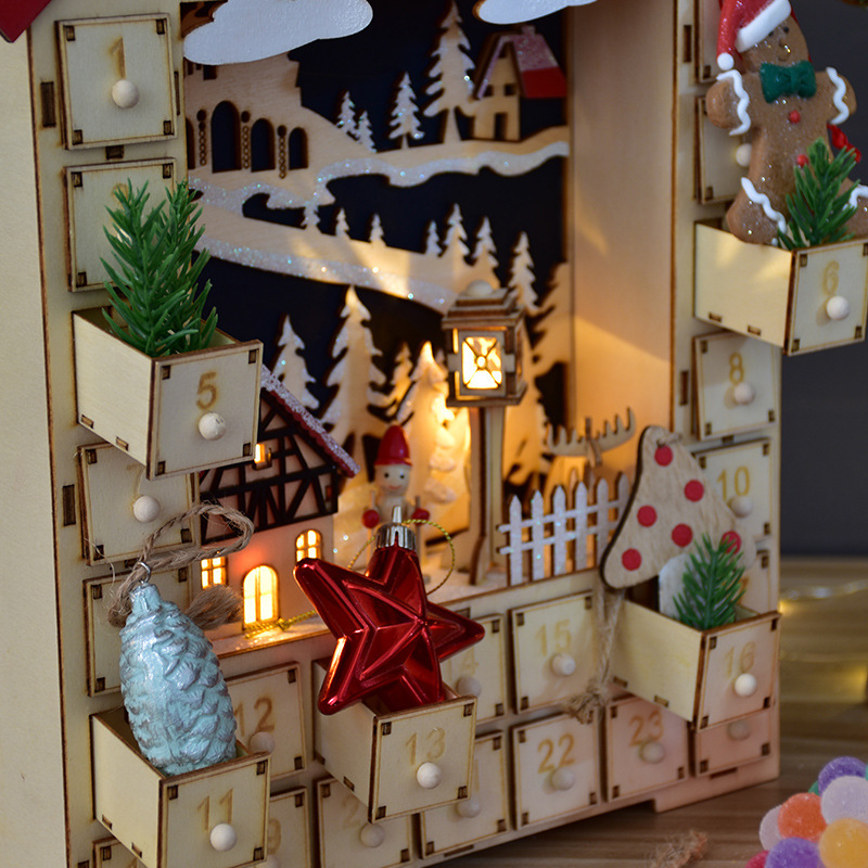 Decoraciones de Navidad hechas a mano de madera luminosa casa DIY caja de calendario creativo decoración de escritorio ventanas de diseño props image 4