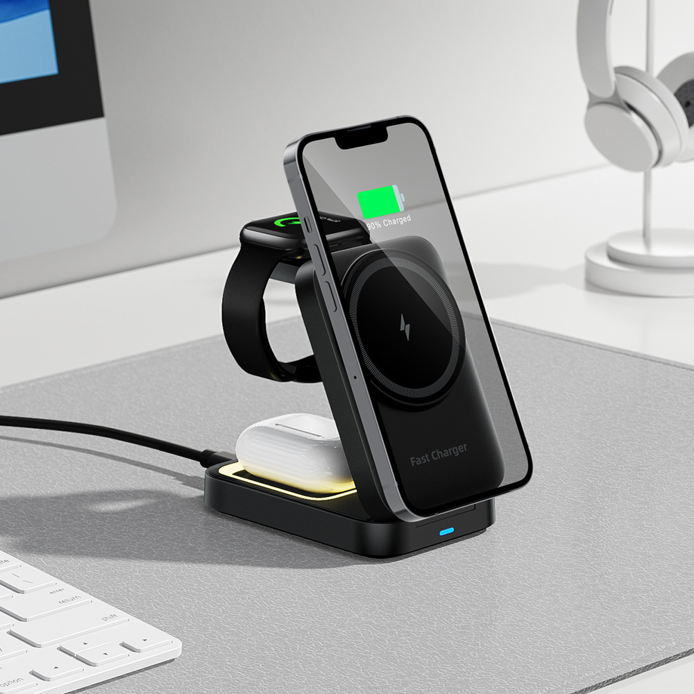 Carga rápida y plegable perezoso soporte magnético carga inalámbrica 3 en 1 relojes auriculares cargador de soporte de teléfono móvil