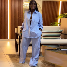 欧美跨境非洲女装2025夏季新款时尚翻领宽松条纹衬衫阔腿长裤套装