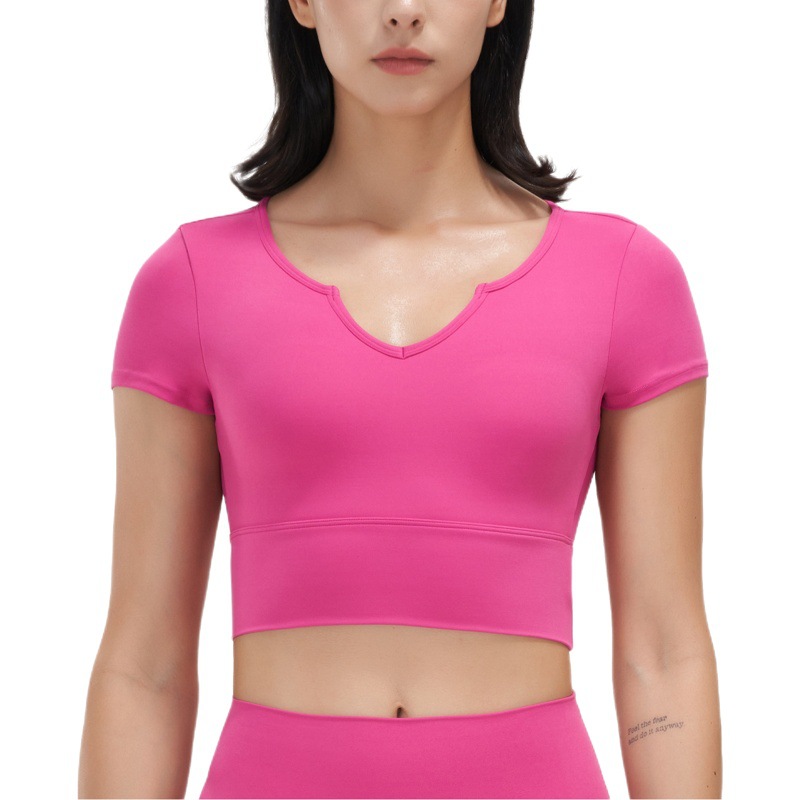 Ropa de Yoga de las mujeres apretado superior deportivo con almohadilla en el pecho de manga corta corriendo Adelgazamiento V-cuello chaleco nueva ropa de entrenamiento