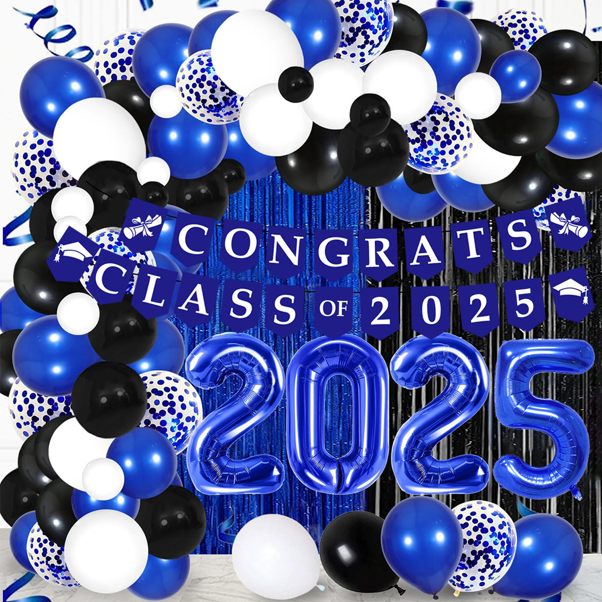 Globos de temporada de graduación, globos de látex, fiesta de decoración, combinación de película de aluminio redonda de 10 pulgadas, globos digitales azules al por mayor