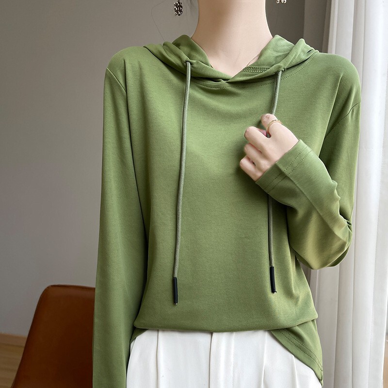 2025 Spring and Autumn New Thin Hooded Sweatshirt Long Sleeve T-Shirt for Women Cotton Hoodie Base Layer Youthful Outerwear