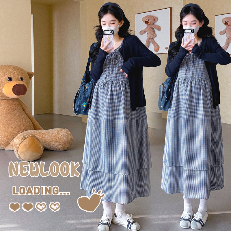Real Shot of 2026 Spring/Summer Maternity Korean-Style Retro Dress, Houndstooth Tank Dress + Sun-Protective Knit Cardigan