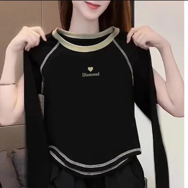 含棉打底衫女2025新款秋冬圆弧形不规则内搭长袖T恤短款别致上衣|undefined