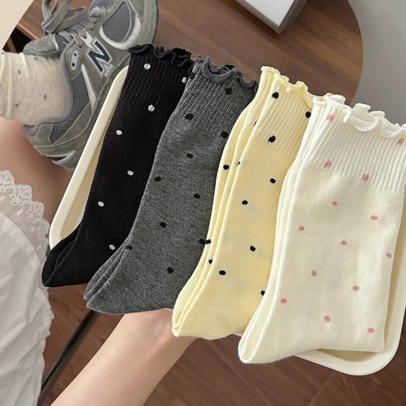 春夏秋の女性用ミッドチューブ純綿エッジソックス、和風多用途水玉模様の女性用ロングチューブソックス、Zhuji|undefined