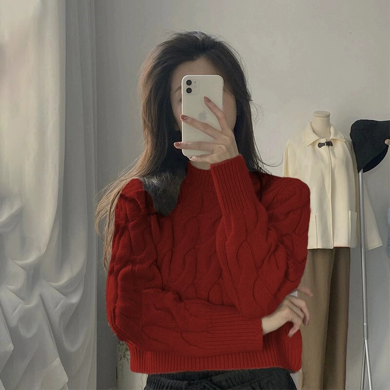 Japanese Retro Half-High Collar Cable Knit Sweater for Women, Autumn and Winter Design, Niche Short Style, Inner Layer Knit Top