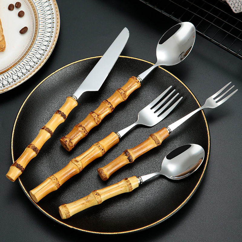 Cross-border stainless steel creative natural bamboo handle knife, fork and spoon vintage steak knife, fork and spoon Four-Piece Gift Set suit wholesale